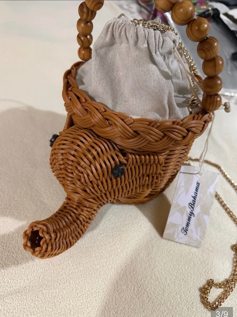 Tommy Bahama Tan Rattan Elephant Crossbody Bag with Gold Chain